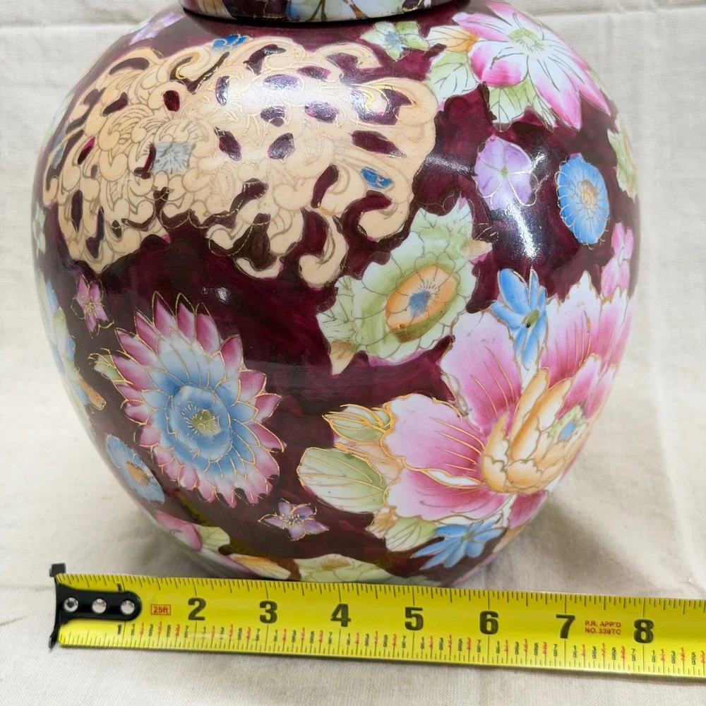 Vintage Floral Ginger Jar Oxblood Ceramic Lidded Vase Grandmillennial Decor